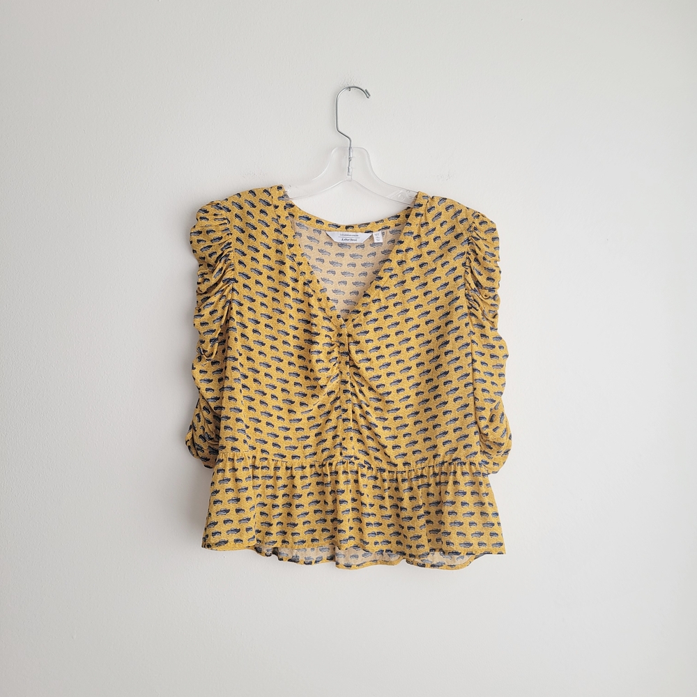 & Other Stories Yellow Silk Peplum Printed Jacquard Top